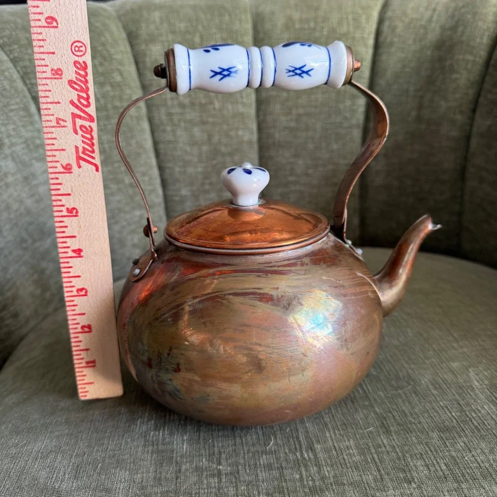 Vintage Copper Tea Kettle Blue White Ceramic Handle Cottagecore Farmhouse BOHO